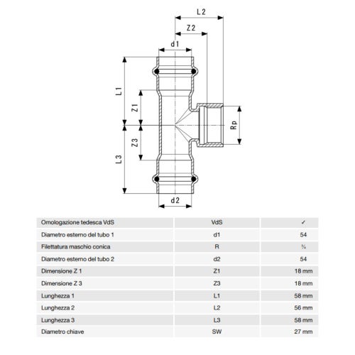 Immagine di Viega SANPRESS INOX raccordo a T di Ø 54 x 3/4", con filetto maschio, di inox lucido con sc-contur (acqua) 446024