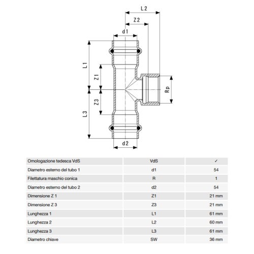 Immagine di Viega SANPRESS INOX raccordo a T di Ø 54 x 1", con filetto maschio, di inox lucido con sc-contur (acqua) 446031