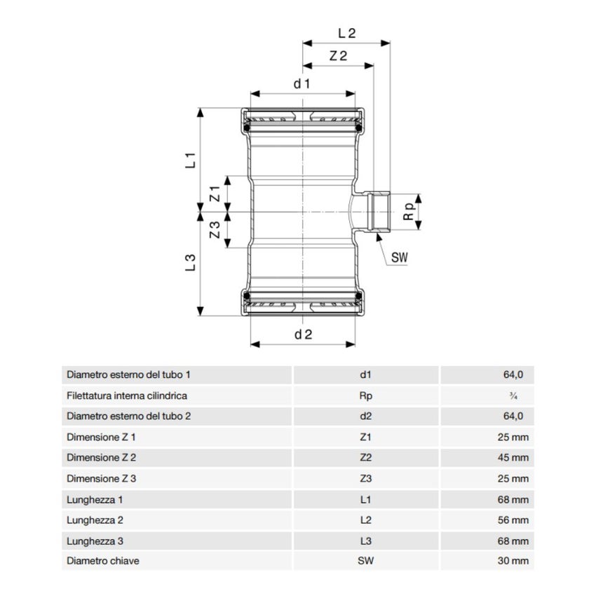 Immagine di Viega SANPRESS INOX XL raccordo a T di Ø 64 x 3/4", con filetto femmina, di inox lucido con sc-contur (acqua) 578145