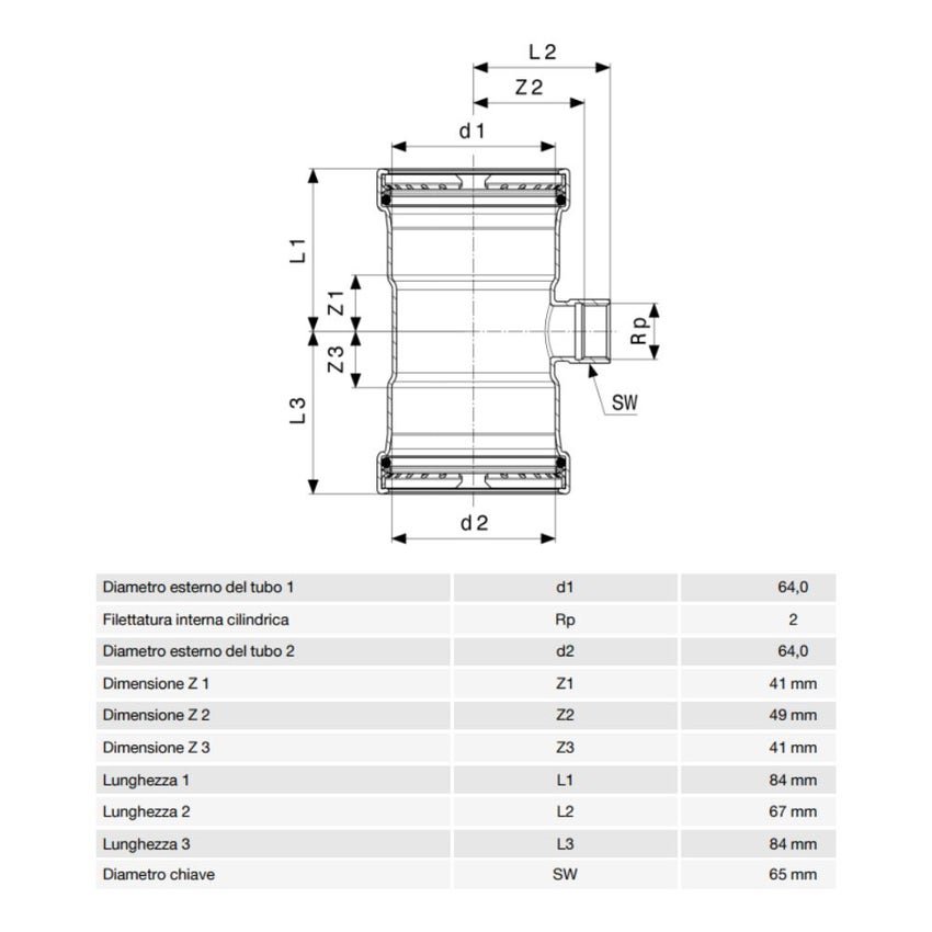 Immagine di Viega SANPRESS INOX XL raccordo a T di Ø 64 x 2", con filetto femmina, di inox lucido con sc-contur (acqua) 578152