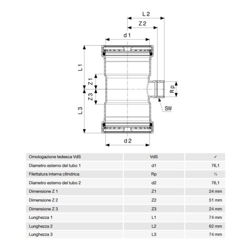 Immagine di Viega SANPRESS INOX XL raccordo a T di Ø 76 x 3/4", con filetto femmina, di inox lucido con sc-contur (acqua) 482862