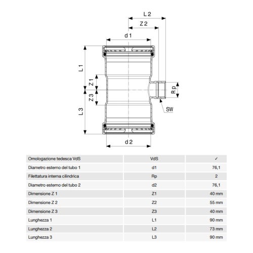 Immagine di Viega SANPRESS INOX XL raccordo a T di Ø 76 x 2", con filetto femmina, di inox lucido con sc-contur (acqua) 482879