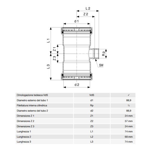 Immagine di Viega SANPRESS INOX XL raccordo a T di Ø 89 x 3/4", con filetto femmina, di inox lucido con sc-contur (acqua) 482886