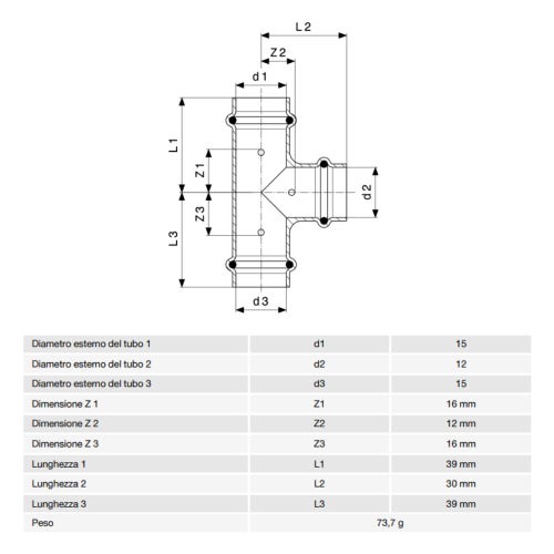 Immagine di Viega  PROFIPRESS raccordo a T Ø 15 x 12 rame lucido con sc-contur rame (acqua) 291914