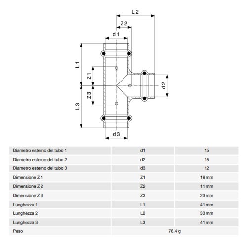 Immagine di Viega PROFIPRESS raccordo a T Ø 15 x 12 rame lucidocon sc-contur rame (acqua) 315085