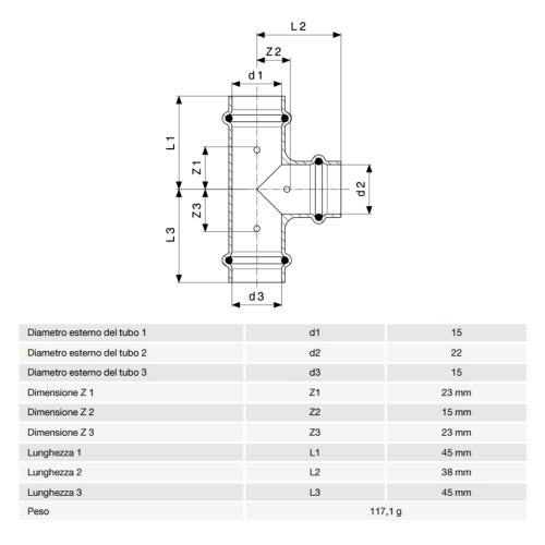 Immagine di Viega PROFIPRESS raccordo a T Ø 15 x 22 rame lucido con sc-contur rame (acqua) 322700