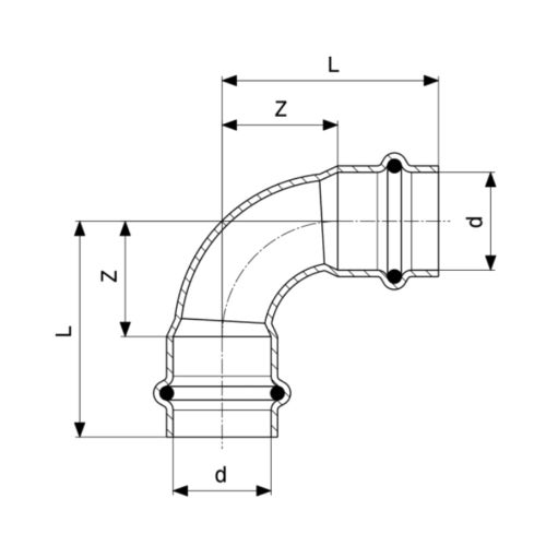 Immagine di Viega SANPRESS INOX curva a 90° di Ø 15, di acciaio inox lucido con sc-contur (acqua) 435639