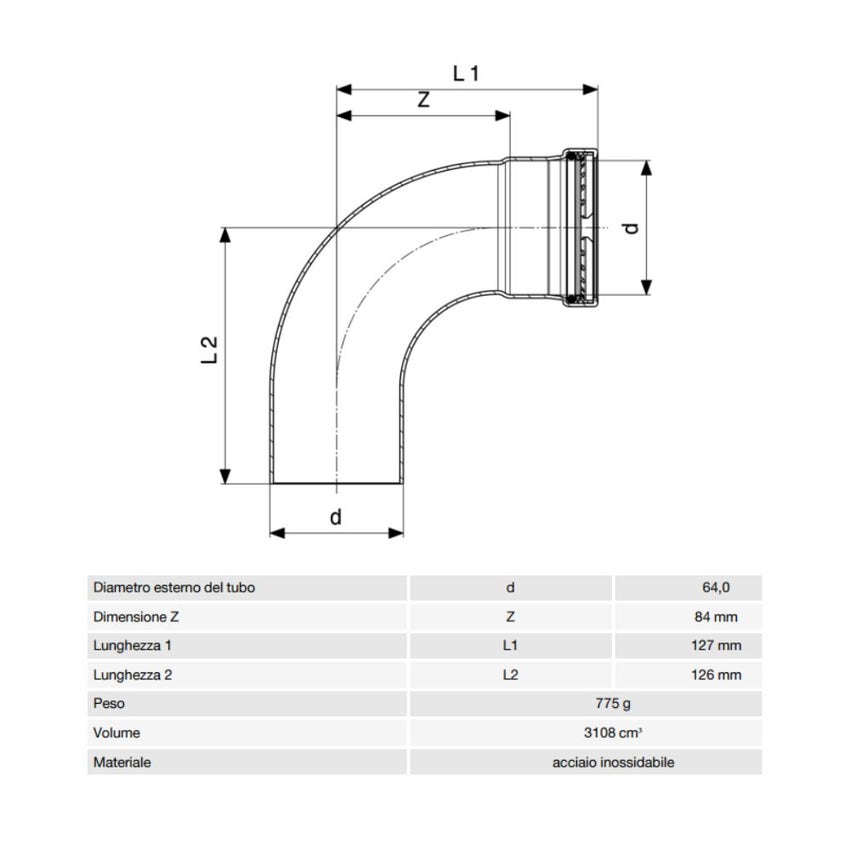 Immagine di Viega SANPRESS INOX XL curva a 90° di Ø 64, con filetto maschio, di acciaio inox lucido con sc-contur (acqua) 577995