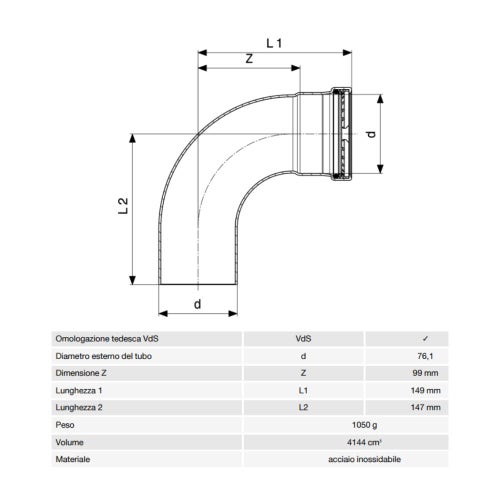 Immagine di Viega SANPRESS INOX XL curva a 90° di Ø 76, con filetto maschio, di acciaio inox lucido con sc-contur (acqua) 482626