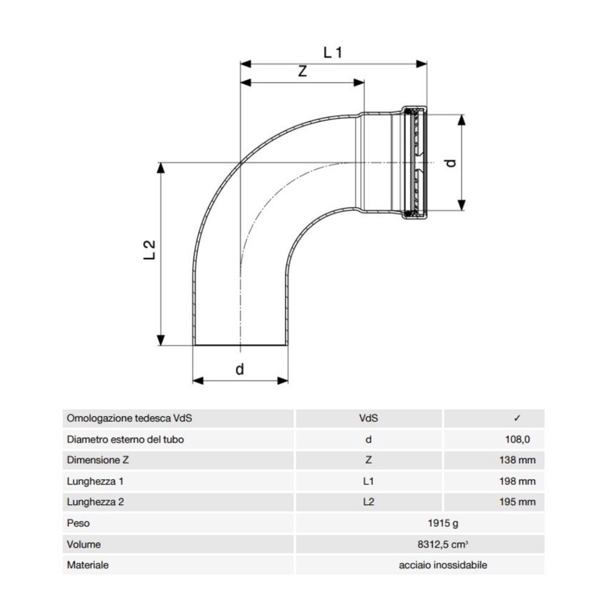Immagine di Viega SANPRESS INOX XL curva a 90° di Ø 108, con filetto maschio, di acciaio inox lucido con sc-contur (acqua) 482640