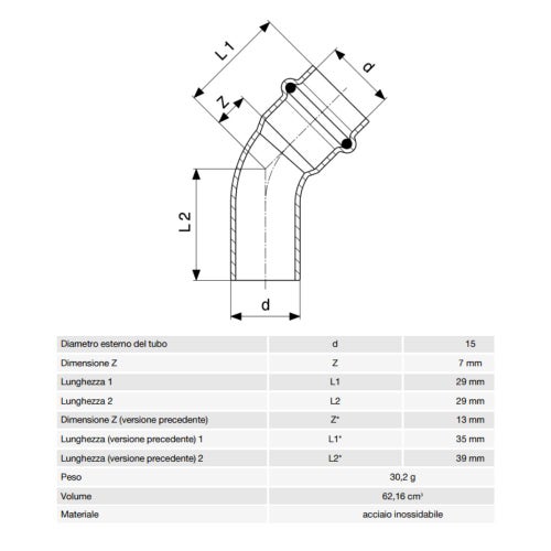 Immagine di Viega SANPRESS INOX curva a 45° di Ø 15, con filetto maschio, di acciaio inox lucido con sc-contur (acqua) 435387
