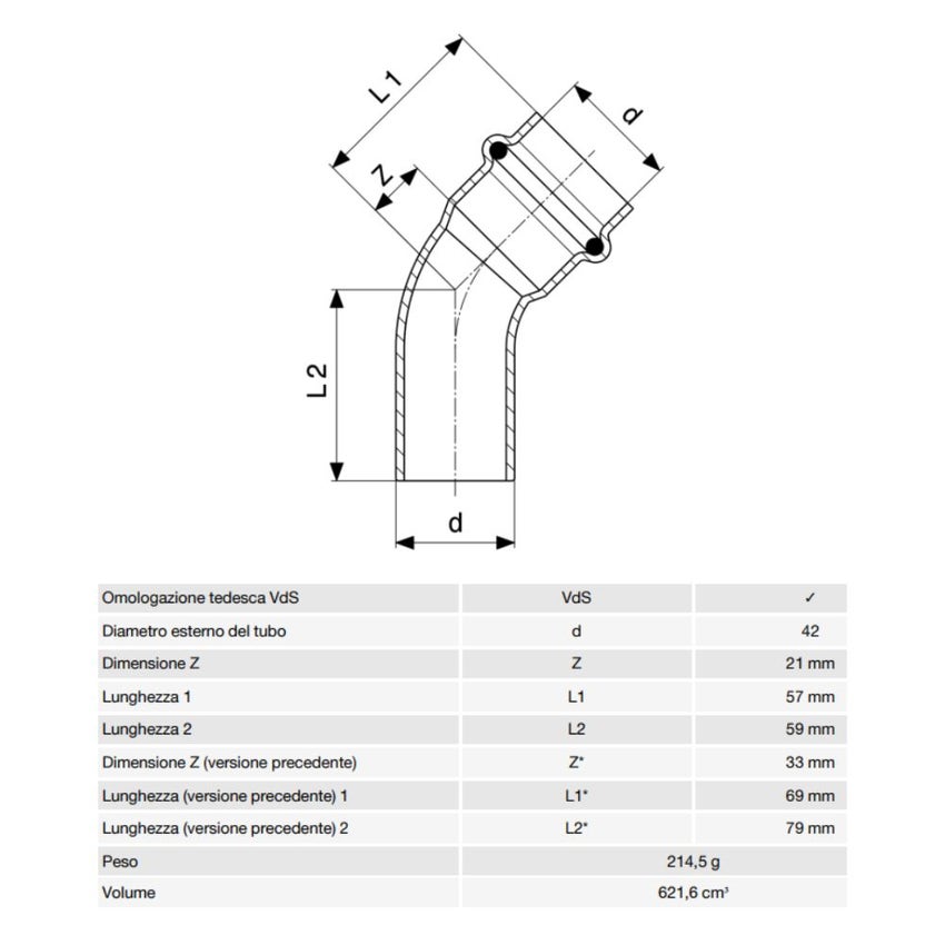 Immagine di Viega SANPRESS INOX curva a 45° di Ø 42, con filetto maschio, di acciaio inox lucido con sc-contur (acqua) 435431