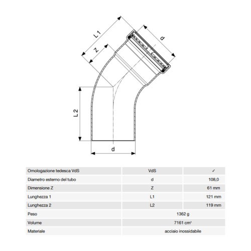 Immagine di Viega SANPRESS INOX XL curva a 45° di Ø 108, con filetto maschio, di acciaio inox lucido con sc-contur (acqua) 482701