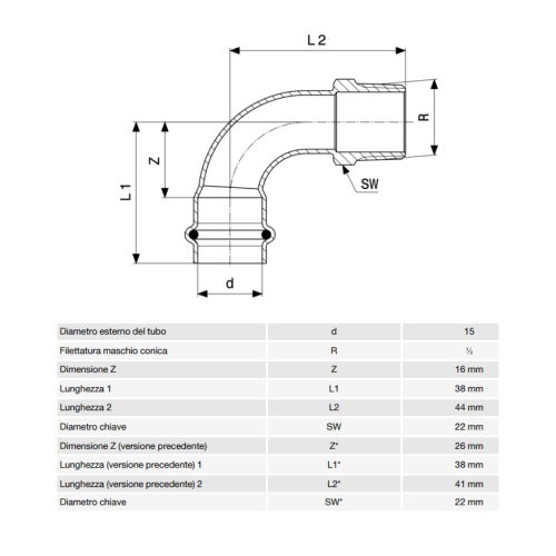 Immagine di Viega SANPRESS INOX curva a 90° di Ø 15 x 1/2", con filetto maschio R, di acciaio inox lucido con sc-contur (acqua) 436896