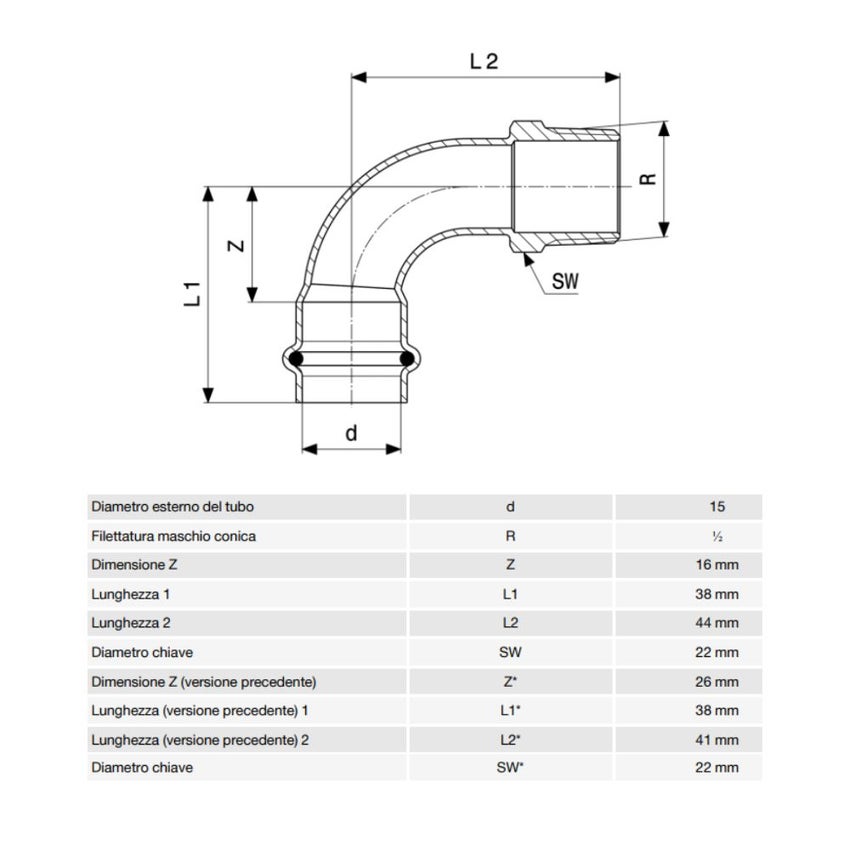 Immagine di Viega SANPRESS INOX curva a 90° di Ø 15 x 1/2", con filetto maschio R, di acciaio inox lucido con sc-contur (acqua) 436896