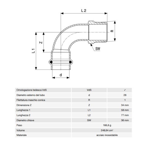 Immagine di Viega SANPRESS INOX curva a 90° di Ø 28 x 1", con filetto maschio R, di acciaio inox lucido con sc-contur (acqua) 436933