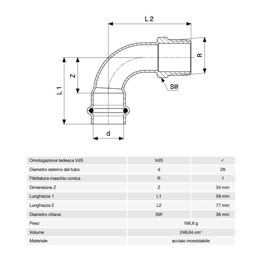 Immagine di Viega SANPRESS INOX curva a 90° di Ø 28 x 1", con filetto maschio R, di acciaio inox lucido con sc-contur (acqua) 436933