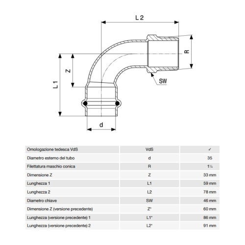 Immagine di Viega SANPRESS INOX curva a 90° di Ø 35 x 1 1/4", con filetto maschio R, di acciaio inox lucido con sc-contur (acqua) 436940
