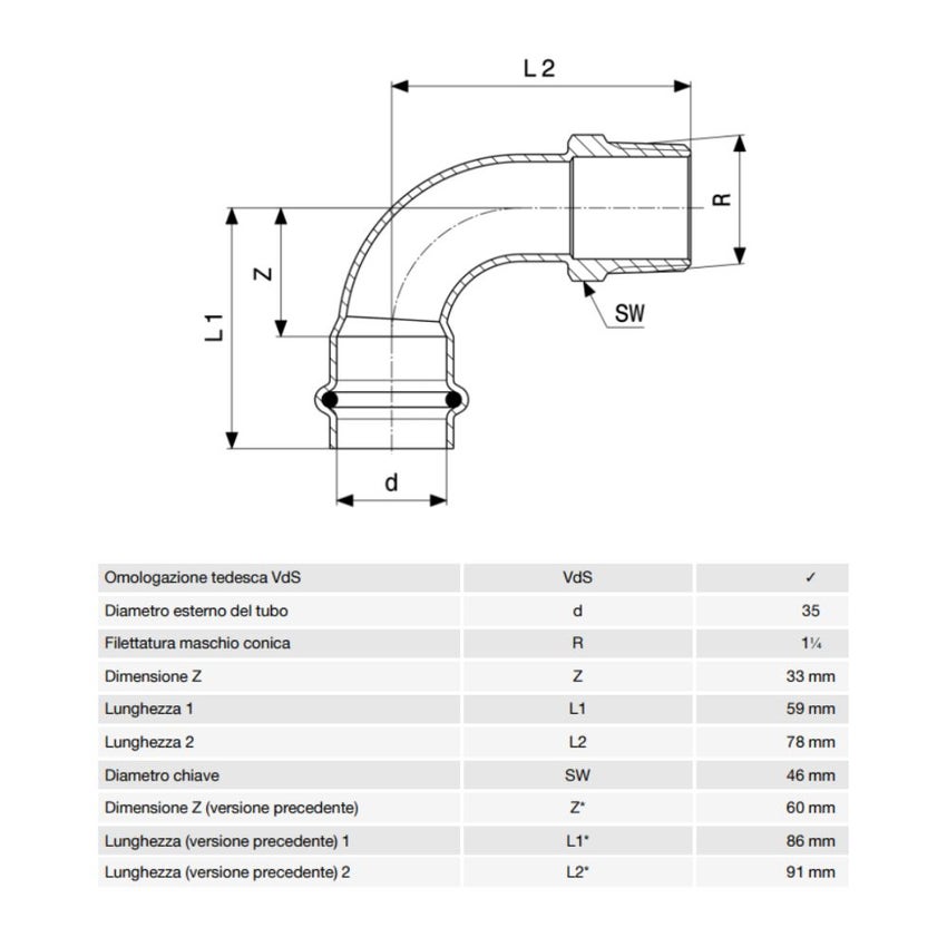 Immagine di Viega SANPRESS INOX curva a 90° di Ø 35 x 1 1/4", con filetto maschio R, di acciaio inox lucido con sc-contur (acqua) 436940
