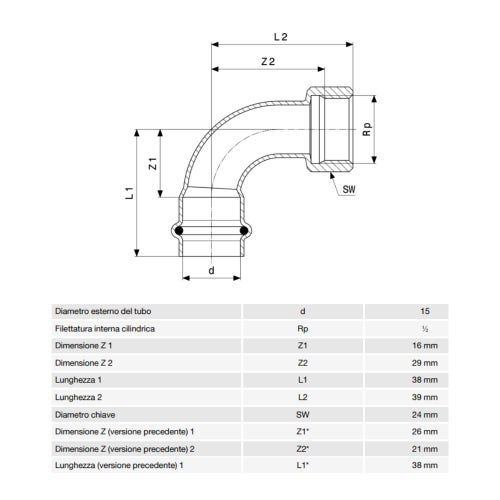 Immagine di Viega SANPRESS INOX curva a 90° di Ø 15 x 1/2", con filetto femmina Rp, di acciaio inox lucido con sc-contur (acqua) 437091