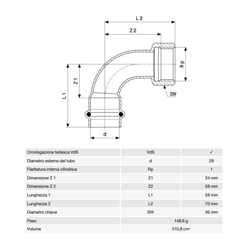 Immagine di Viega SANPRESS INOX curva a 90° di Ø 28 x 1", con filetto femmina Rp, di acciaio inox lucido con sc-contur (acqua) 437121