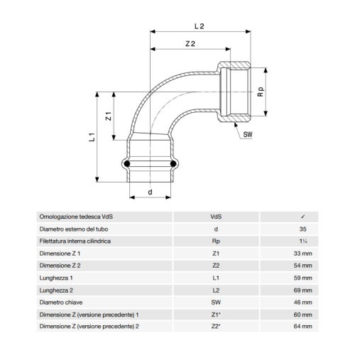 Immagine di Viega SANPRESS INOX curva a 90° di Ø 35 x 1 1/4", con filetto femmina Rp, di acciaio inox lucido con sc-contur (acqua) 437138