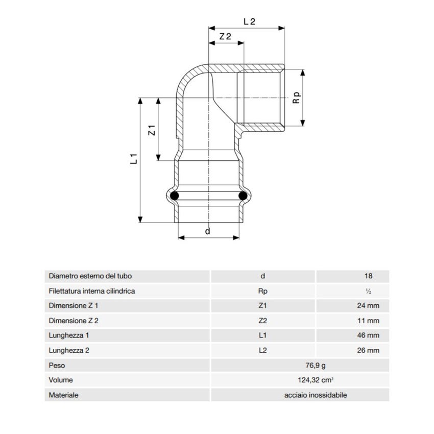 Immagine di Viega SANPRESS INOX gomito a 90° di Ø 18 x 1/2", di acciaio inox lucido con sc-contur (acqua) 436995
