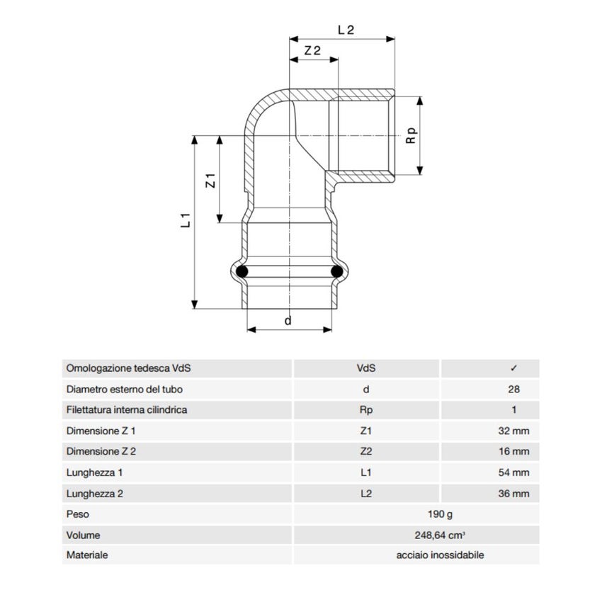 Immagine di Viega SANPRESS INOX gomito a 90° di Ø 28 x 1", di acciaio inox lucido con sc-contur (acqua) 437046