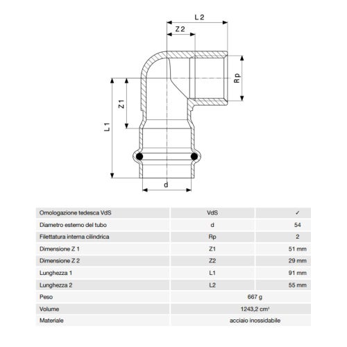 Immagine di Viega SANPRESS INOX gomito a 90° di Ø  54 x 2", di acciaio inox lucido con sc-contur (acqua) 437077