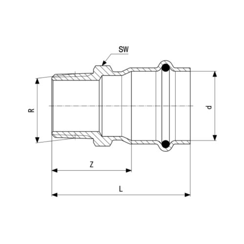 Immagine di Viega SANPRESS INOX manicotto di Ø 15 x 1/2", con filetto maschio, di acciaio inox lucido con sc-contur (acqua) 436445