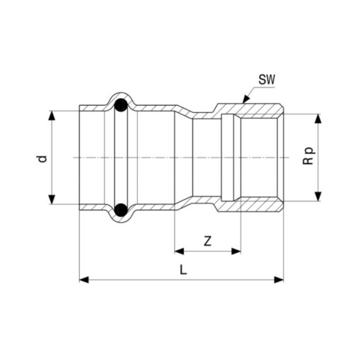 Immagine di Viega SANPRESS INOX manicotto di Ø 15 x 1/2", con filetto femmina, di acciaio inox lucido con sc-contur (acqua) 436575