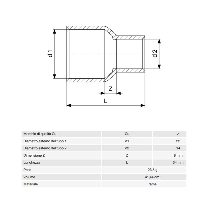 Immagine di Viega RACCORDI A SALDARE manicotto di riduzione di Ø 22 x 14, di rame lucido 464356