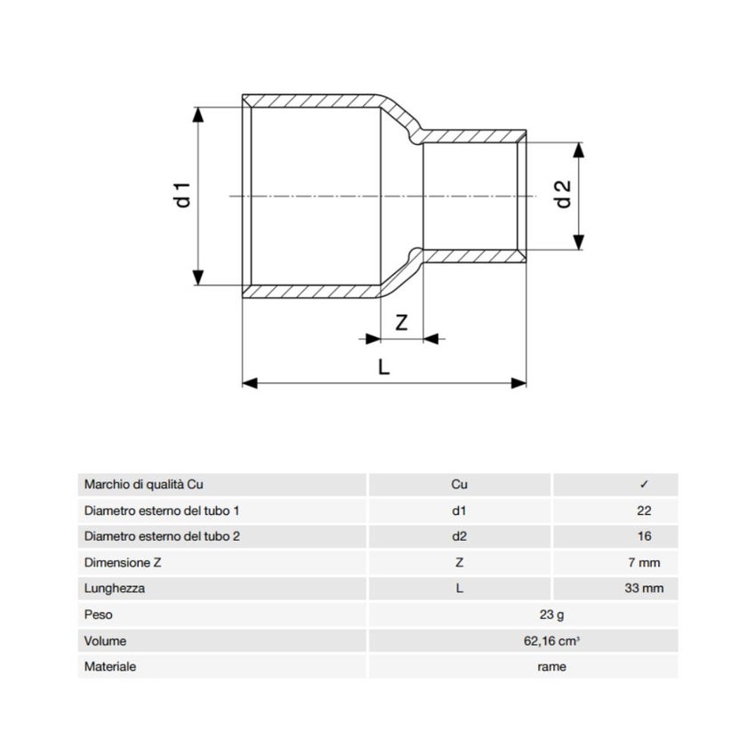 Immagine di Viega RACCORDI A SALDARE manicotto di riduzione di Ø 22 x 16, di rame lucido 464363