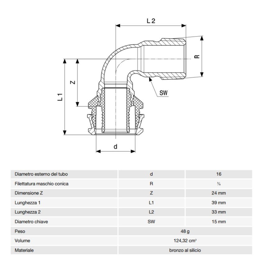Immagine di Viega RAXOFIX curva a 90° Ø 16 x 3/8" bronzo al silicio con sc-contur 725556