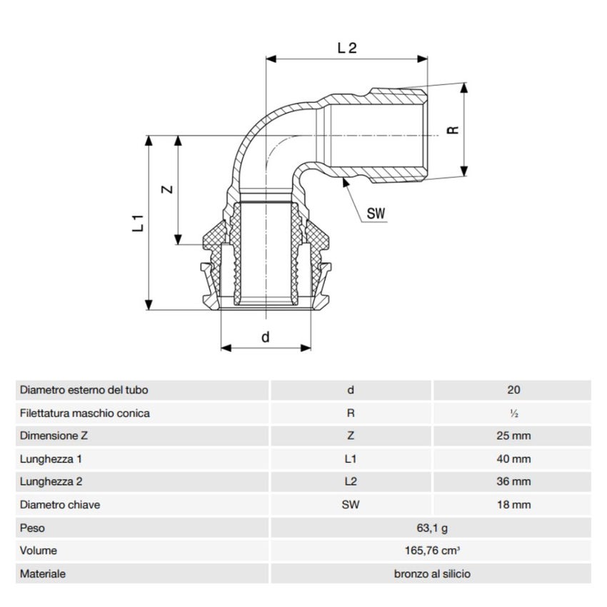 Immagine di Viega RAXOFIX curva a 90° Ø 20 x 1/2" bronzo al silicio con sc-contur 646004
