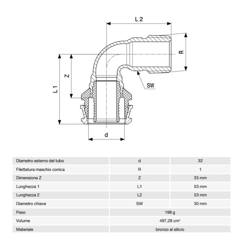 Immagine di Viega RAXOFIX curva a 90° Ø 32 x 1" bronzo al silicio con sc-contur 646042