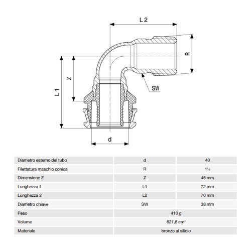 Immagine di Viega RAXOFIX curva a 90° Ø 40 x 1 1/4" bronzo al silicio con sc-contur 646059