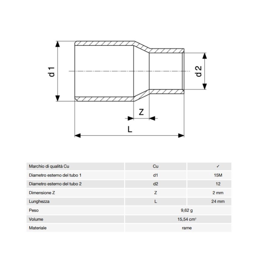 Immagine di Viega RACCORDI A SALDARE manicotto di riduzione di Ø 15mm x 12, estremità maschio, di rame lucido 101060