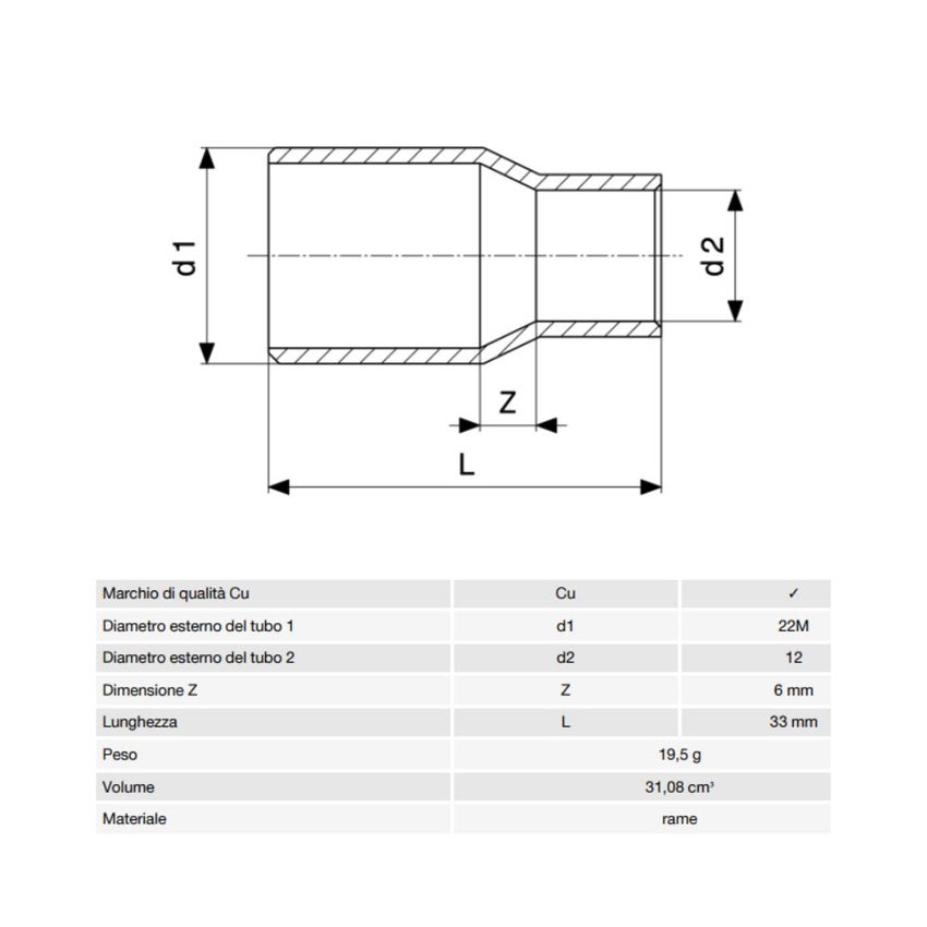 Immagine di Viega RACCORDI A SALDARE manicotto di riduzione di Ø 22mm x 12, estremità maschio, di rame lucido 108298
