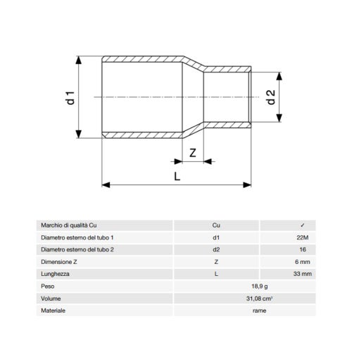 Immagine di Viega RACCORDI A SALDARE manicotto di riduzione di Ø 22mm x 16, estremità maschio, di rame lucido 465735