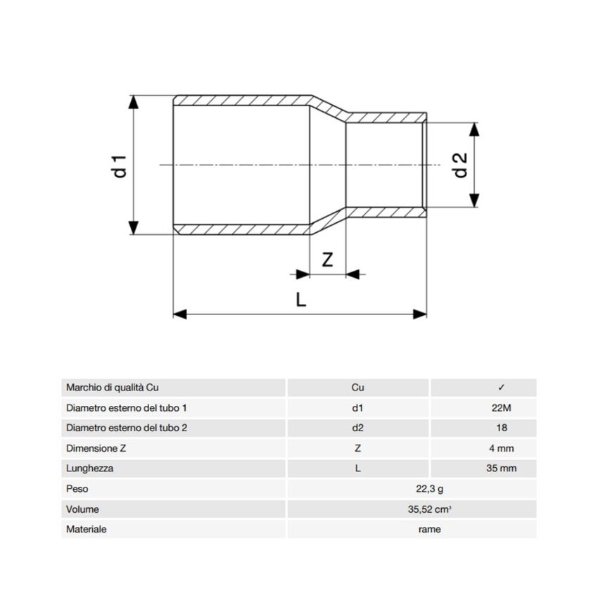 Immagine di Viega RACCORDI A SALDARE manicotto di riduzione di Ø 22mm x 18, estremità maschio, di rame lucido 100780