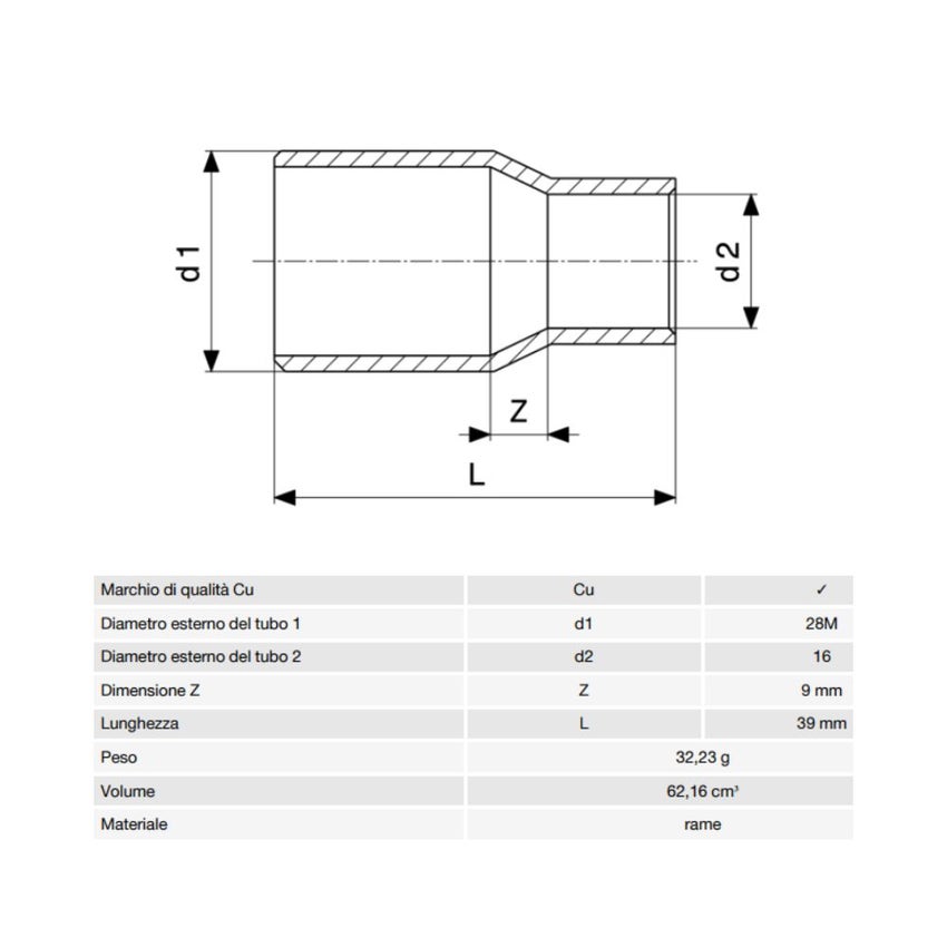 Immagine di Viega RACCORDI A SALDARE manicotto di riduzione di Ø 28 mm x 16, estremità maschio, di rame lucido 585129