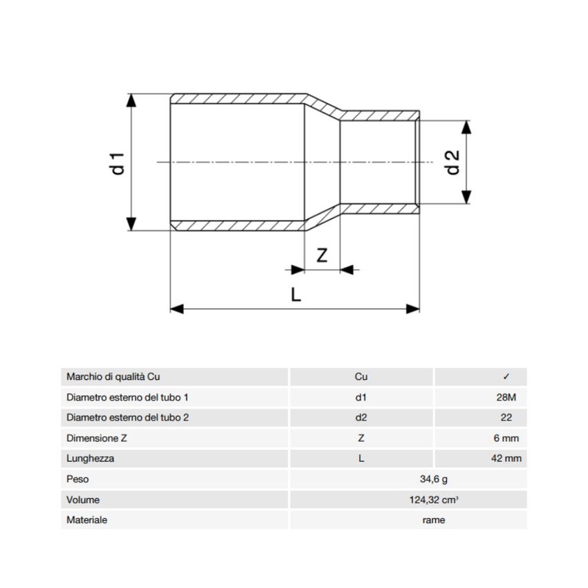 Immagine di Viega RACCORDI A SALDARE manicotto di riduzione di Ø 28mm x 22, estremità maschio, di rame lucido 101015