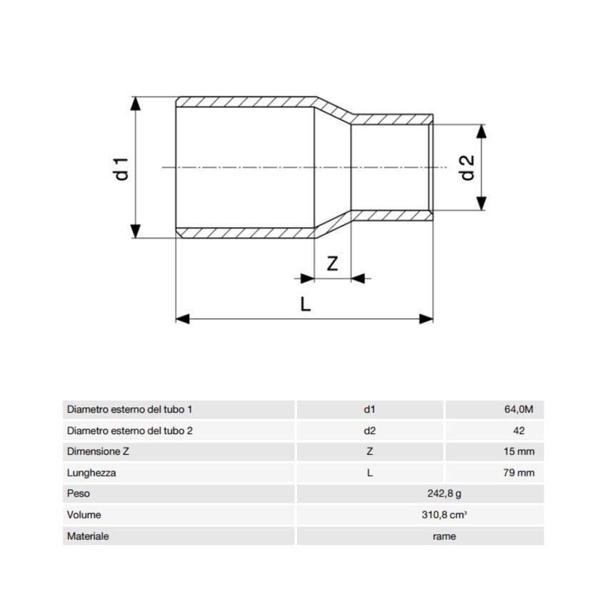 Immagine di Viega RACCORDI A SALDARE manicotto di riduzione di Ø 64mm x 42, estremità maschio, di rame lucido 594176