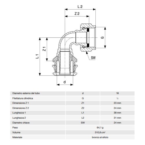 Immagine di Viega RAXOFIX bocchettone a 90° Ø 16 x 1/2" bronzo al silicio con sc-contur 646387