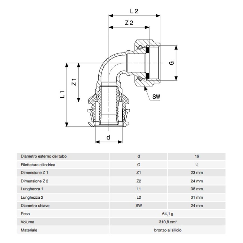 Immagine di Viega RAXOFIX bocchettone a 90° Ø 16 x 1/2" bronzo al silicio con sc-contur 646387