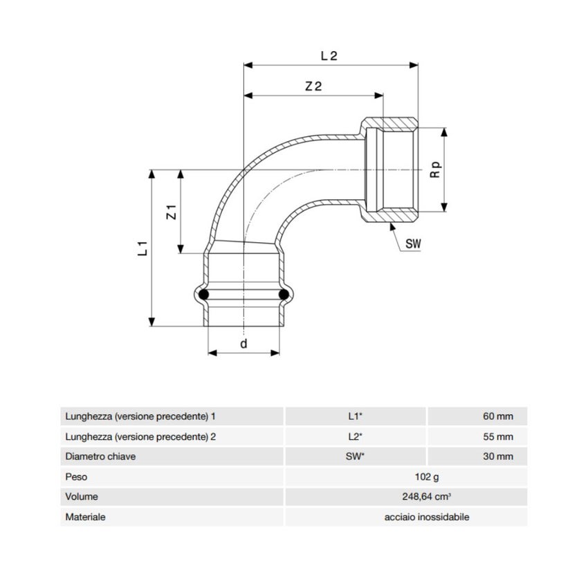 Immagine di Viega SANPRESS INOX curva a 90° di Ø 22 x 3/4", con filetto femmina Rp, di acciaio inox lucido con sc-contur (acqua) 437114