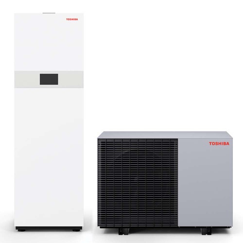 Immagine di Toshiba ESTIA BI-BLOC R290 sistema composto da pompa di calore Inverter 4 kW monofase, con unità idronica All-In-One 190 litri, 1 zona, con resistenza elettrica ausiliaria da 8 kW HWP-1601F19ST8W-E+HWP-401HW-E