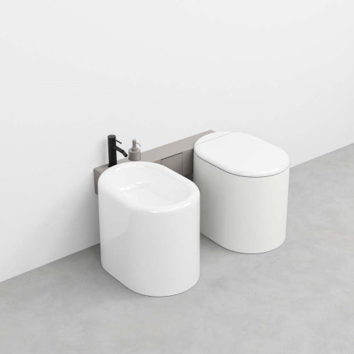 Immagine di Cielo ITACA mensola per wc e bidet in acciaio inox, con foro rubinetto, alloggio dispenser e portarotolo, versione sinistra, colore talpa ITMBWSXTP