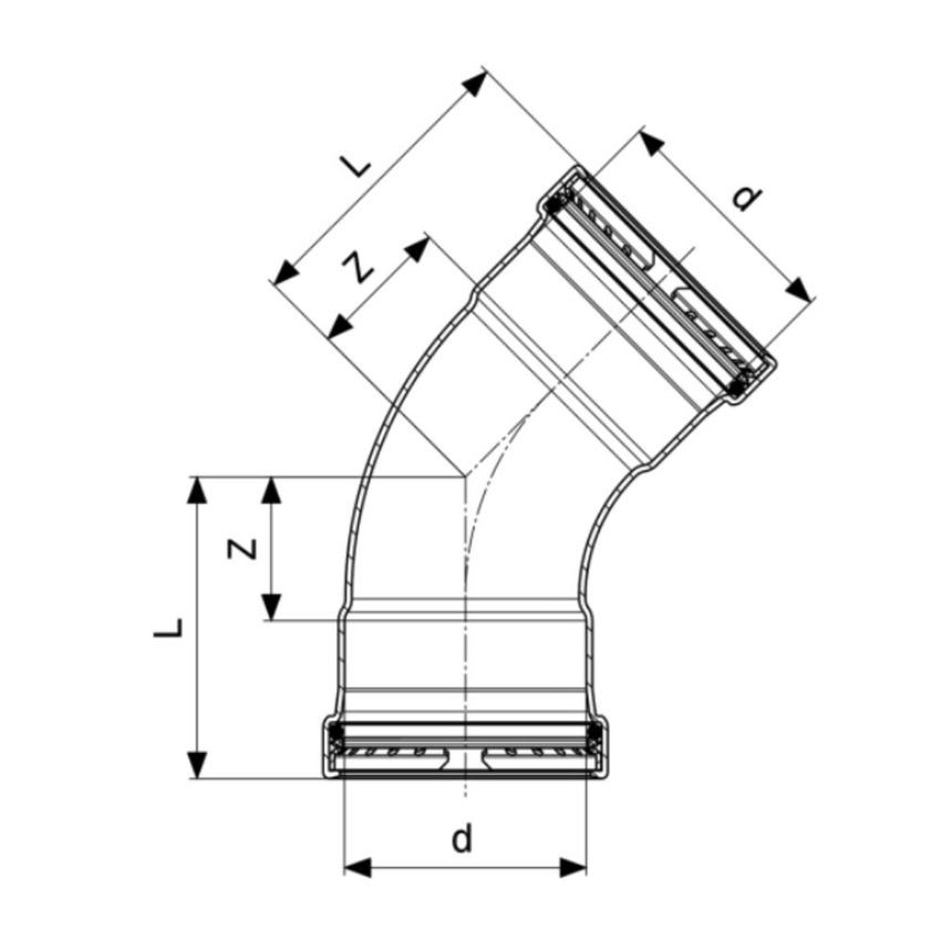 Immagine di Viega TEMPONOX XL curva a 45° Ø 76 acciaio inox lucido con sc-contur (riscaldamento e raffrescamento) 809928